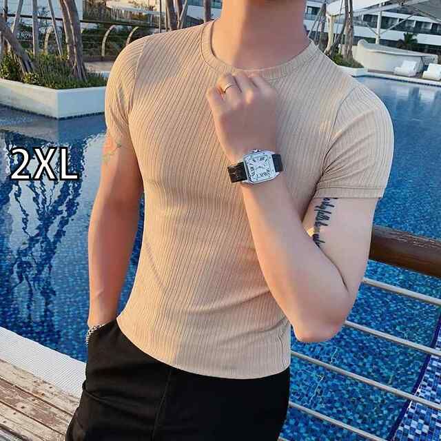 [2XL]メンズ  服  シンプル ファッション オシャレ 大人 かっこいい 大きいサイズ ストリート 紳士服  半袖 T シャツ 夏 薄手 冷感 ラウンドネック タイト ストライプ ハイエンド アイス フィー