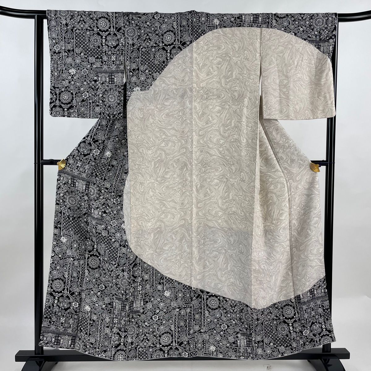 訪問着 身丈156cm 裄丈63.5cm S 袷 華文 墨流し 染分け 黒 正絹 秀品