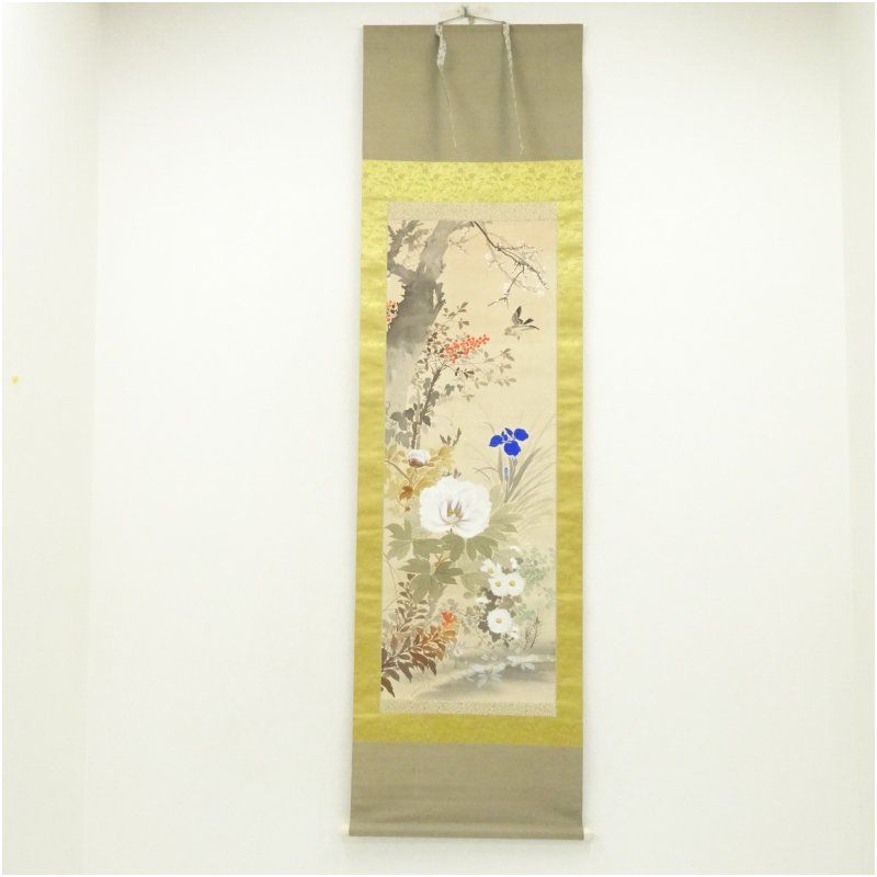 秀冷筆 花鳥図 肉筆絹本掛軸掛け軸 床の間 書 おしゃれ 絵画