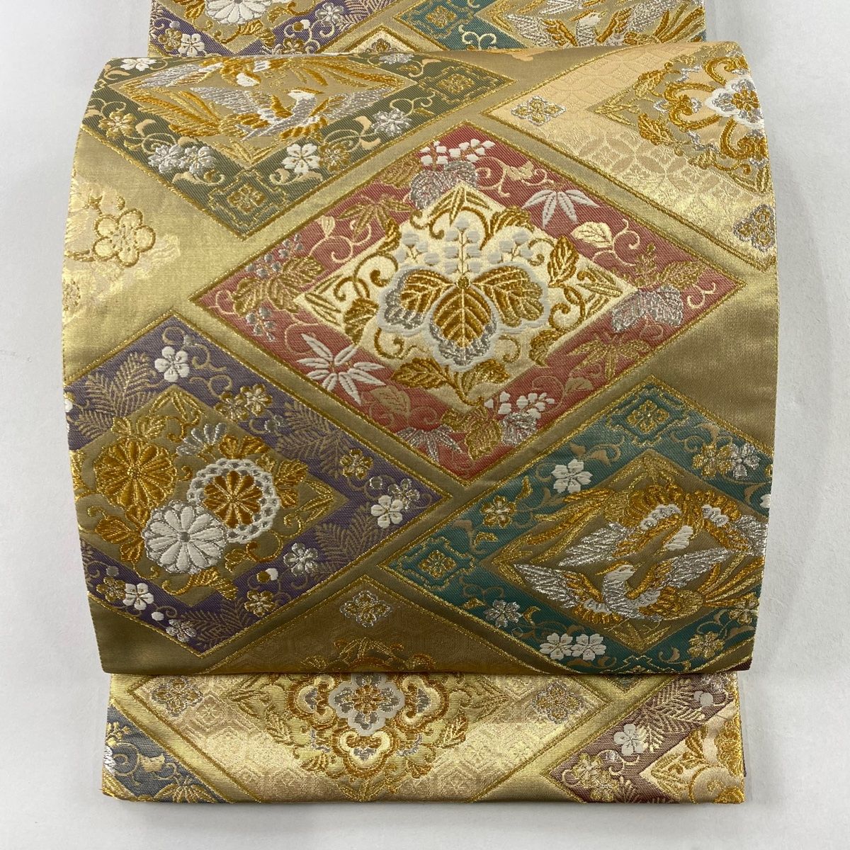 ルミナス　袋帯　中古品 袋帯 美品 秀品 麗金全通 向かい鳥 菱 金銀糸 箔 金色 全通 正絹