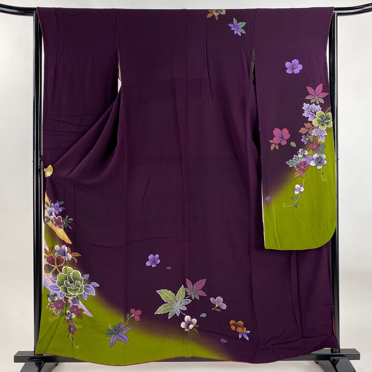 振袖 身丈156.5cm 裄丈63cm S 袷 牡丹 舟 染め分け ぼかし 紫 正絹 秀品