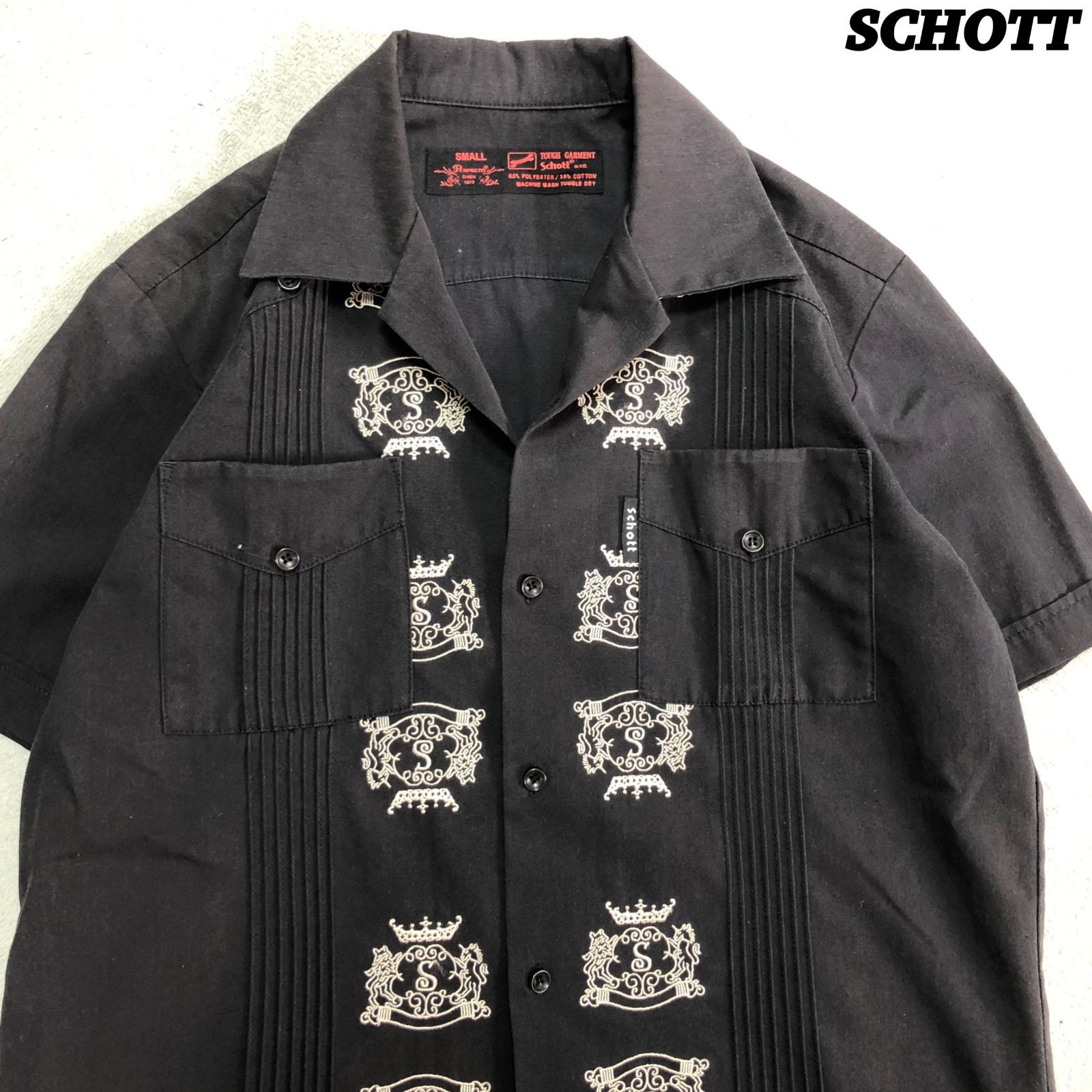 SCHOTT キューバシャツ メキシカンシャツ ワークシャツ オープン 開襟 ロゴ刺繍 プリーツ ショートスリーブ 半袖 Sサイズ ブラック 黒 ショット