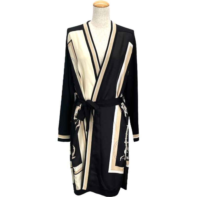 エルメス HERMES ツイルレーヌロングニットカカーディガン 3E2604D7 ブラック|アイボリー シルク|カシミヤ レディース ワンピース