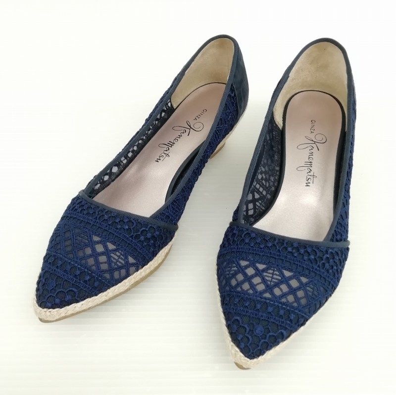 銀座かねまつ レース パンプス 23cm ネイビー スエード