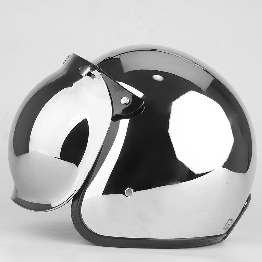 ジェットヘルメットシールド付き シルバーメッキ銀色バイクヘルメット