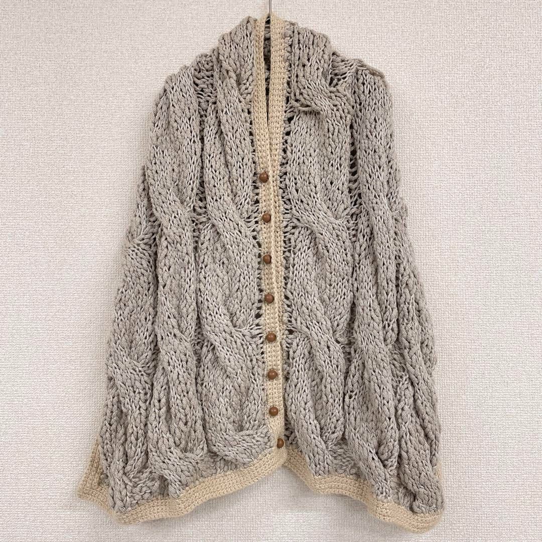 mina perhonen ミナペルホネン ニットポンチョ ケープ カーディガン ケーブル編み レザーボタン ベージュ