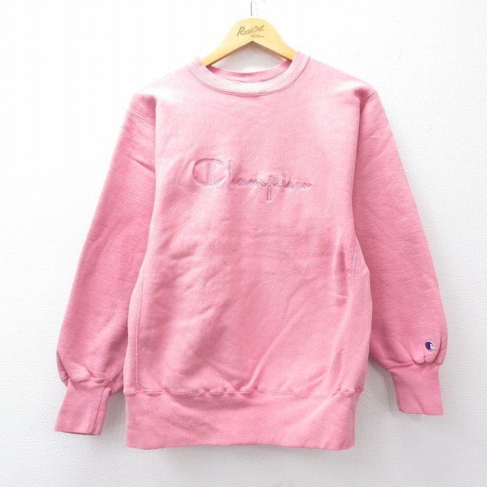 M 古着 長袖 チャンピオン Champion リバースウィーブ メンズ 90s ビッグロゴ クルーネック ピンク 25sep22 スウェット スエット トレ