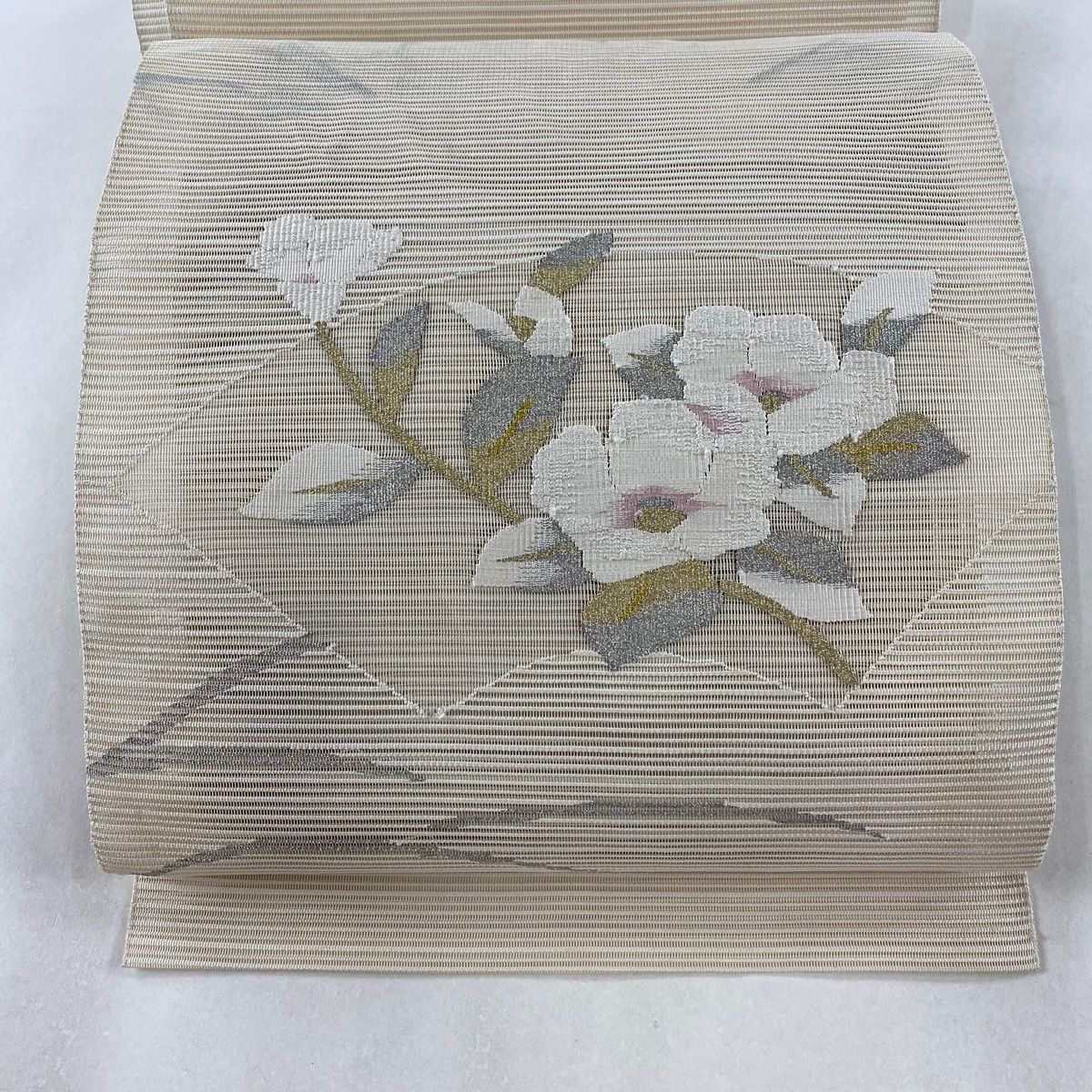 卸売 美品 名古屋帯 秀品 【中古】 正絹 ベージュ 箔 流水 草花 絽 夏