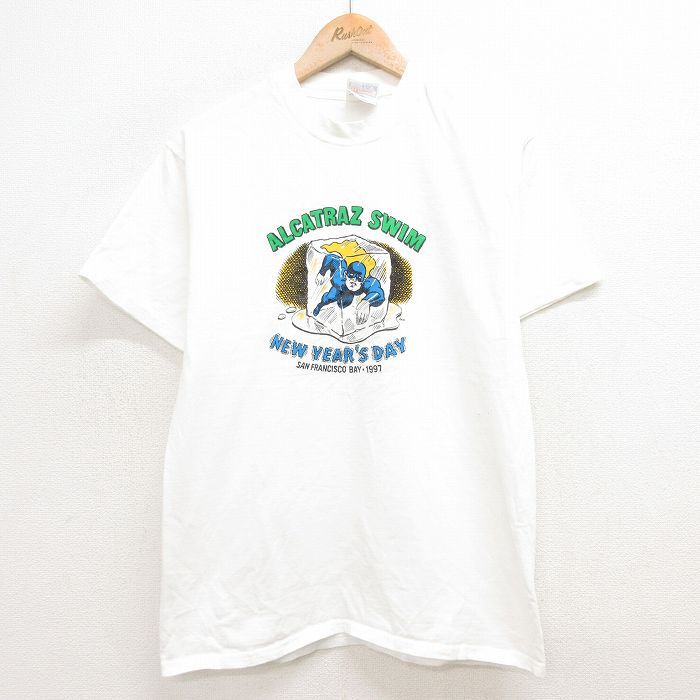 M/古着 ヘインズ 半袖 ビンテージ Tシャツ メンズ 90s ALCATRAZ SWIM コットン クルーネック 白 ホワイト 24mar19 中古