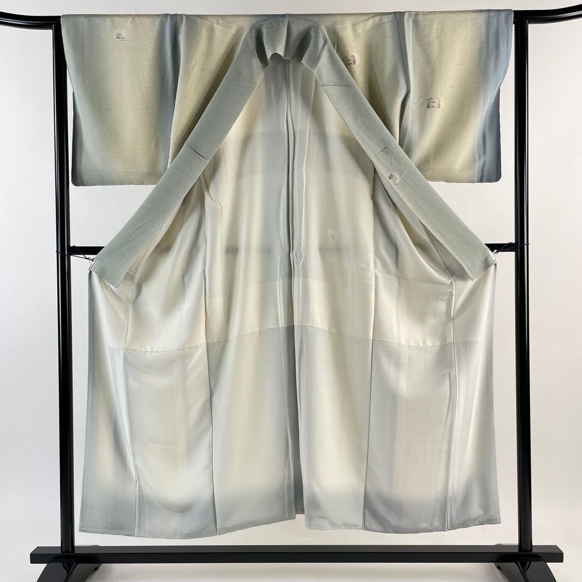 小紋 身丈151cm 裄丈63cm S 袷 猫 毛糸 ぼかし 青灰色 正絹 美品 逸品  