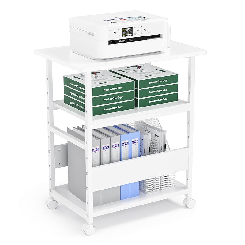 DEWEL プリンター台 プリンターラック 幅60×奥行40×高さ70cm キャスター付き 3段 中棚調整 総耐荷重60kg 木製 サイドワゴン プリンターワゴン 組み立て簡単 ホワイト 1