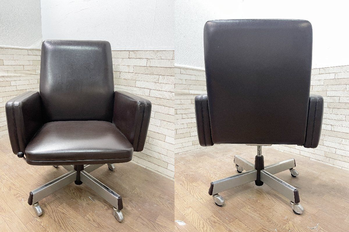 ミッドセンチュリー ヴィンテージ デスクチェア 回転椅子 社長椅子 アームチェア ドクターチェア レザー 昇降 昭和レトロ 畑1115
