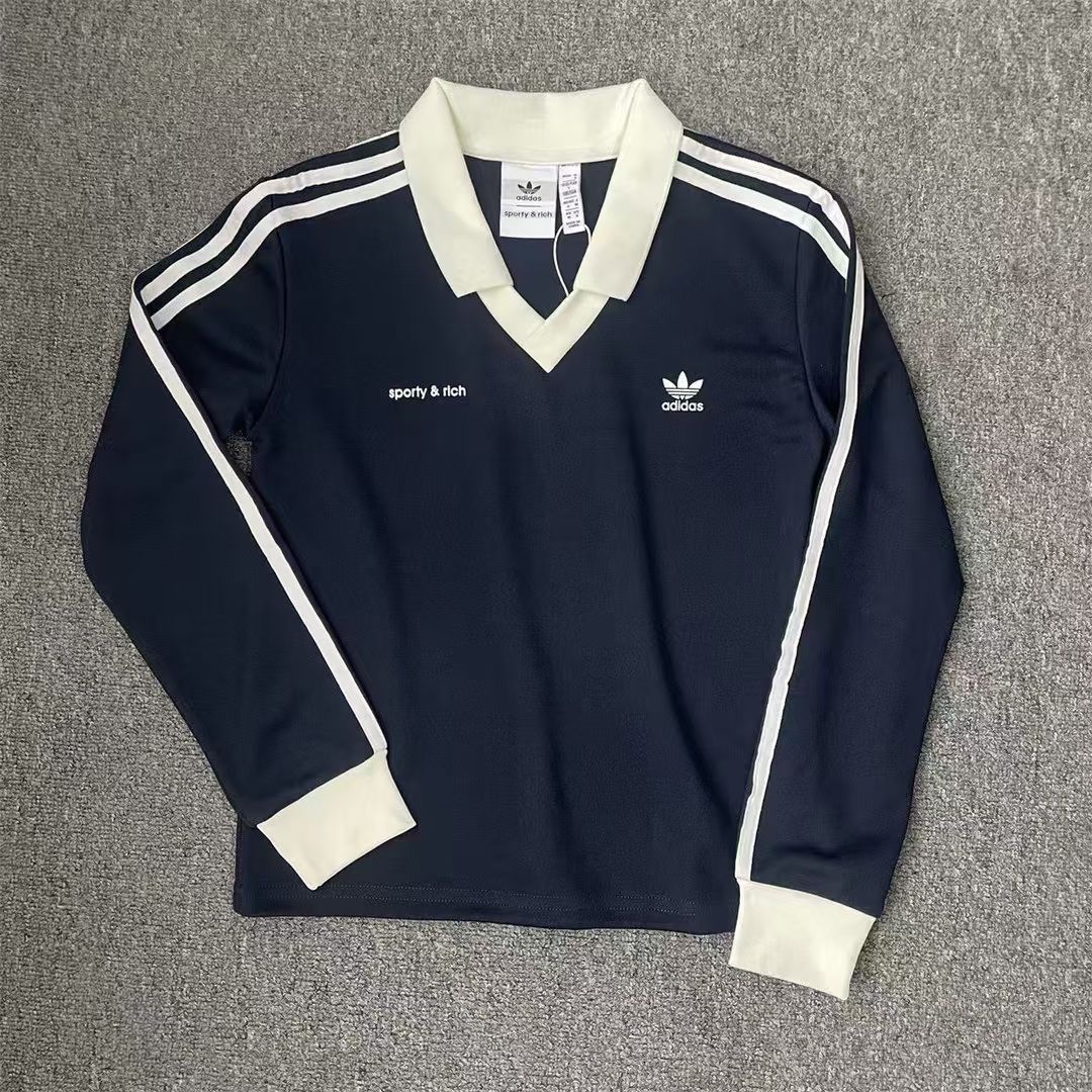 adidas ポロシャツ 長袖 ホワイト ネイビー sporty & rich adidas