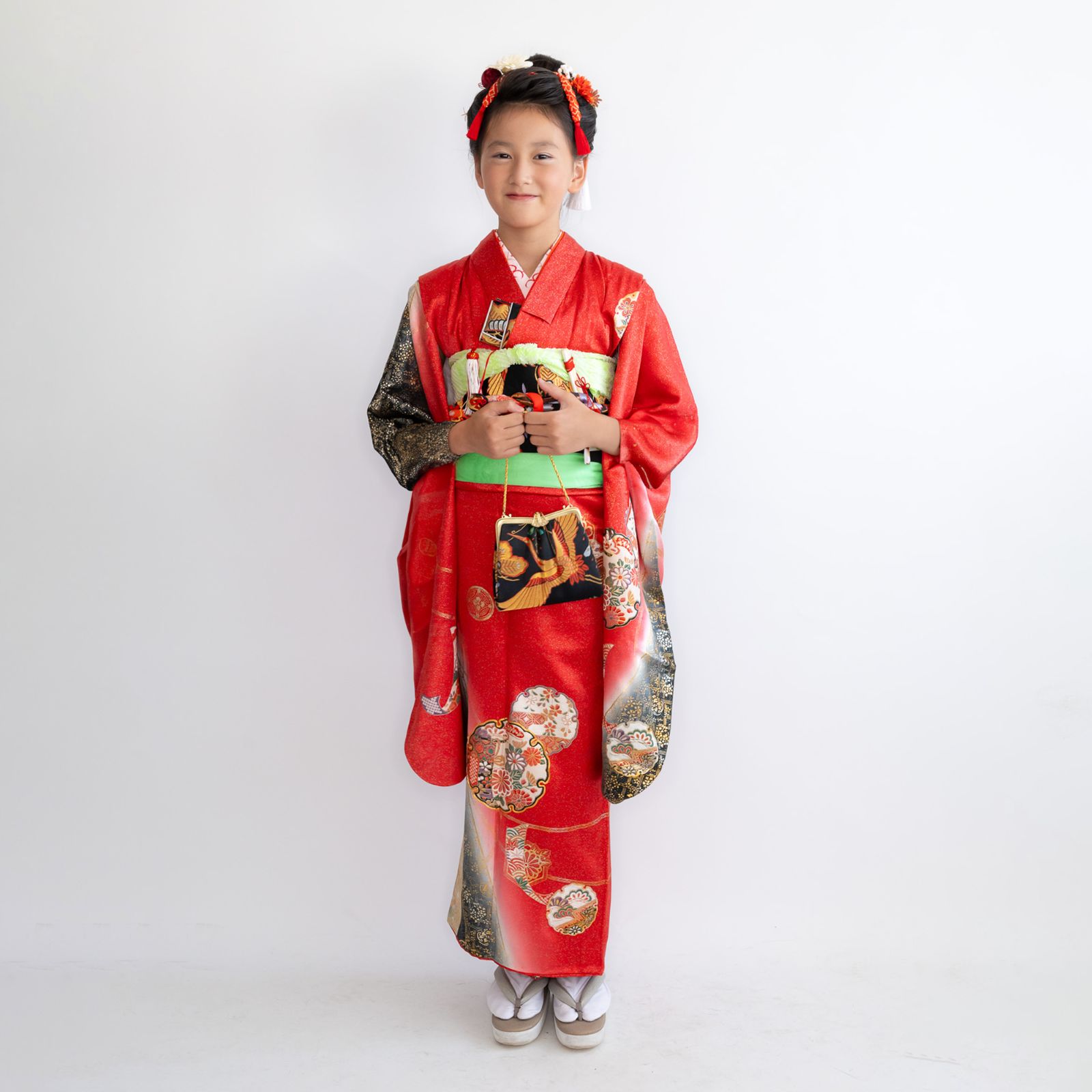 七五三7歳日本髪/ハーフ成人式振袖髪飾り赤A】ヘッドドレス＆水引き赤