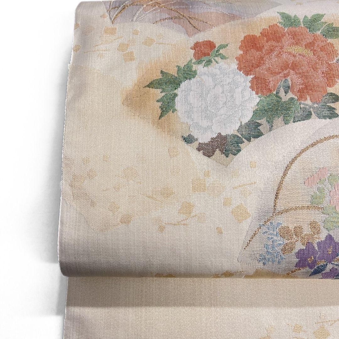 刺繍 花菱 菊花 格子模様 袋帯 着物 113a p（銀座【帯3454】絽