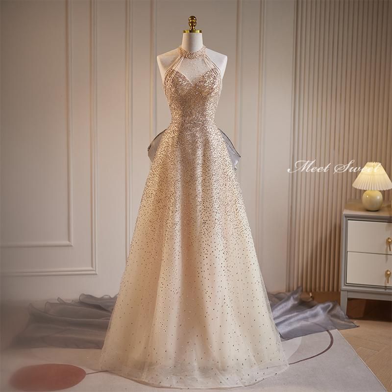 ドレス ロングドレス Aラインドレス シャンパンゴールド 結婚式 二次会 発表会 演奏会 ウェディングドレス ウエディングドレス キラ