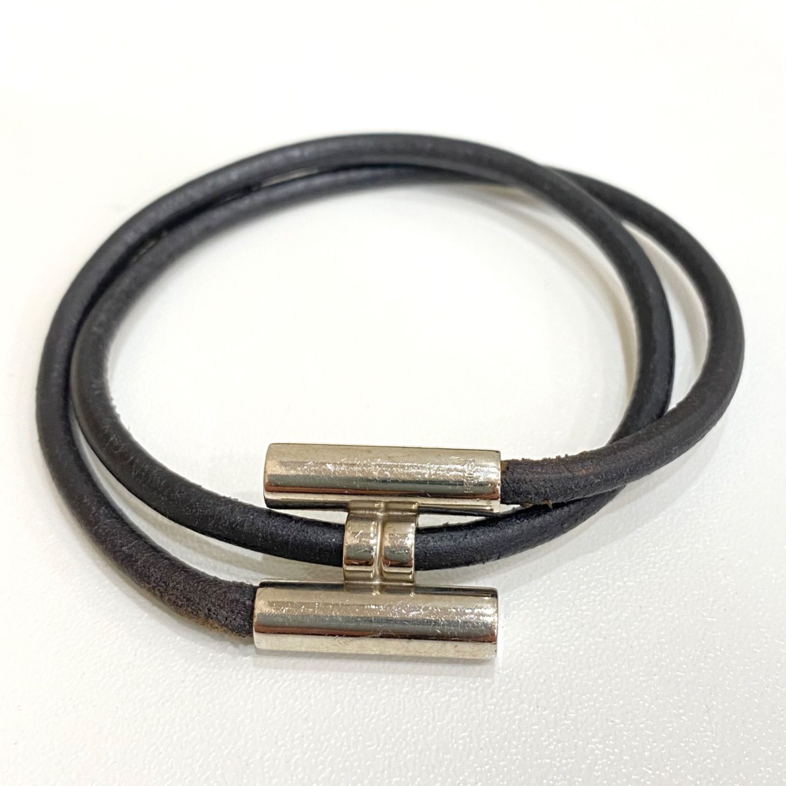 エルメス HERMES トゥルニス H ブレスレット バングル レザー ブラック 