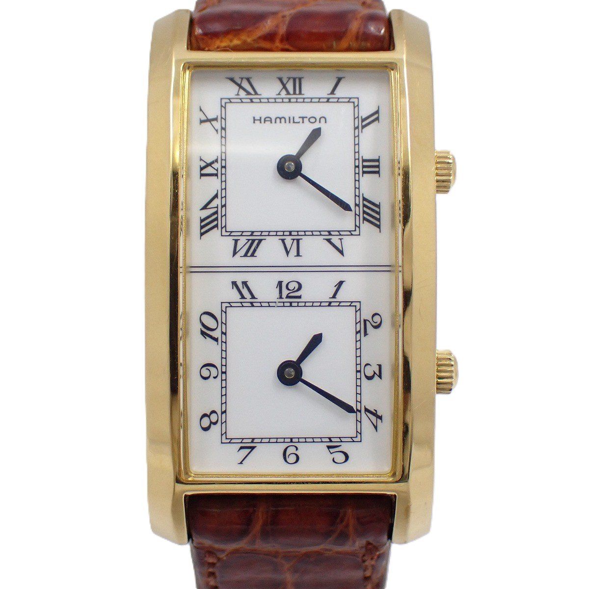 ハミルトン アメリカントラベラー デュアルタイム クォーツ メンズ 腕時計 ゴールド 白文字盤 純正革ベルト 6274 いおき質店