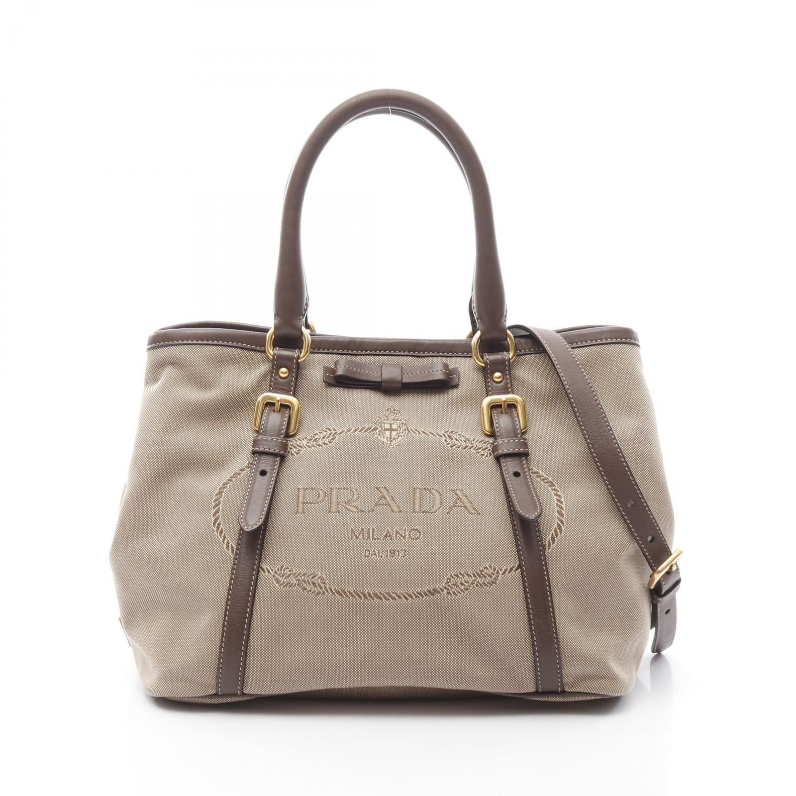 プラダ PRADA トートバッグ LOGO JACQUARD ロゴジャガード BN1841 ベージュ|ブラウン キャンバス レザー ロゴジャガード 2wayトートバッグ レディース Used A