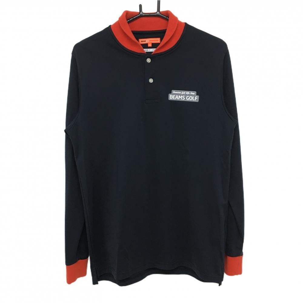ビームスゴルフ 長袖ポロシャツ ネイビー×オレンジ スタンドカラー 胸ラバーワッペン メンズ M ゴルフウェア BEAMS GOLF
