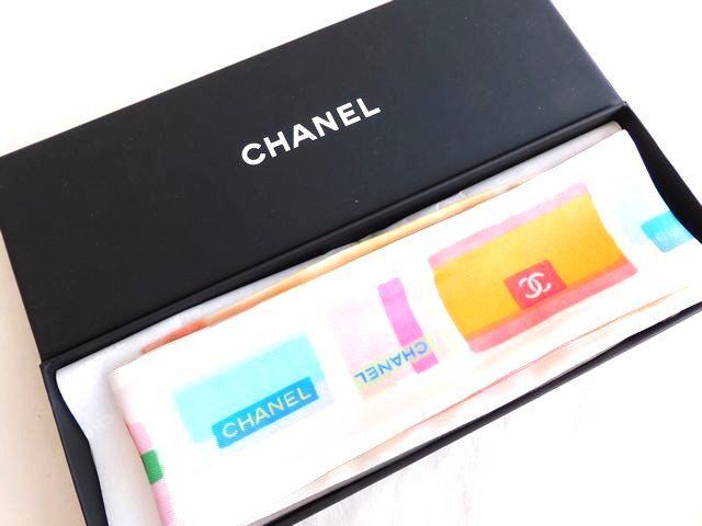 ♥ シャネル CHANEL シルク リボン スカーフ レディース ロゴ カラフル マルチカラー □7J