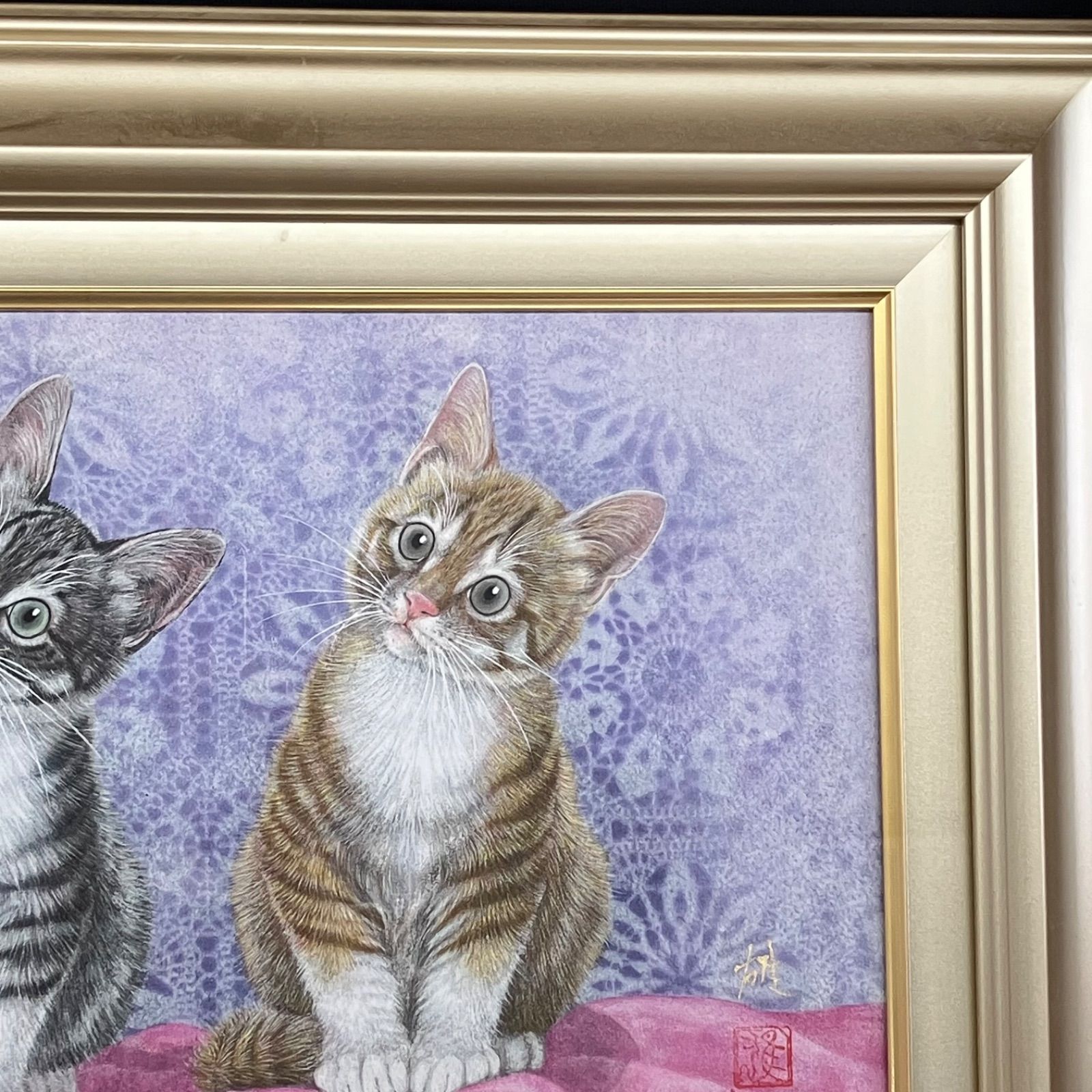 オブジェ アート 芸術 美術 壁掛け 手描き 原画 1点もの 大型 ねこ 広森 雄「 愛猫 」 ミクストメディアアート P6 ( 6号 ) 額縁付き