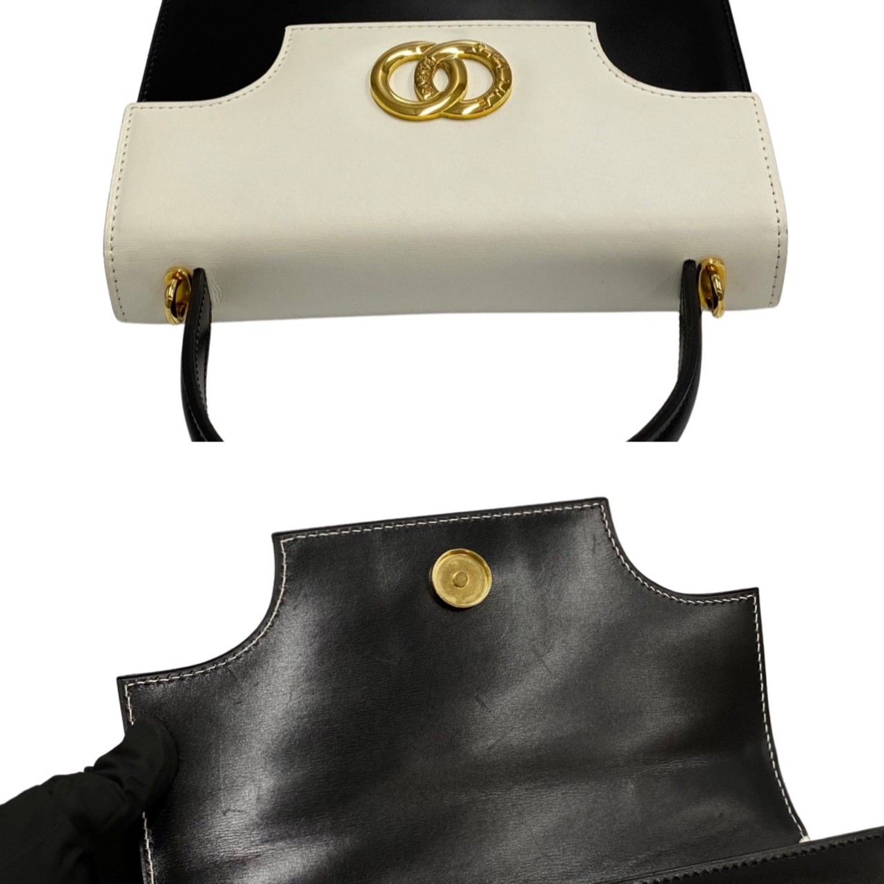 美品■セリーヌ　ハンドバッグ　2way　サークル　ゴールド金具　カーフレザー　黒 極 美品 袋付 CELINE セリーヌ サークルロゴ 金具 カーフ レザー