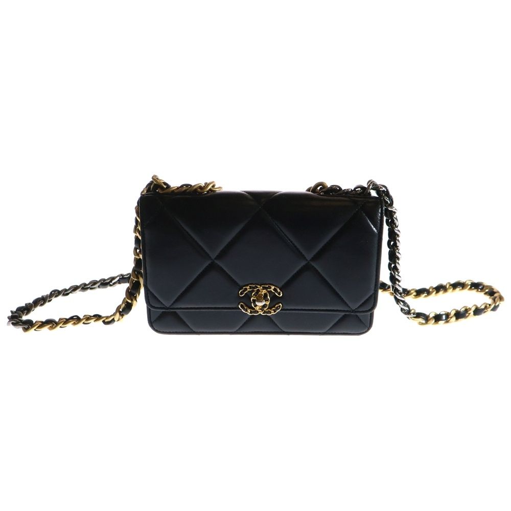 ココマーク チェーン ターンロック GP×革 ブラック×ゴールド CHANEL (シャネル) シャネル19 ココマーク ターンロック