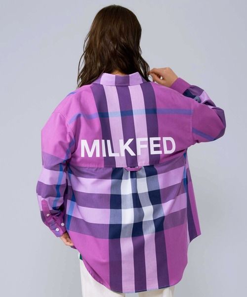 シャツ ブラウス ミルクフェド レディース 長袖 MILKFED BACK LOGO PLAID SHIRT 103231014009 ベージュ 紫 MILKFED. シャツ ブラウス ミルクフェド レディース 長袖