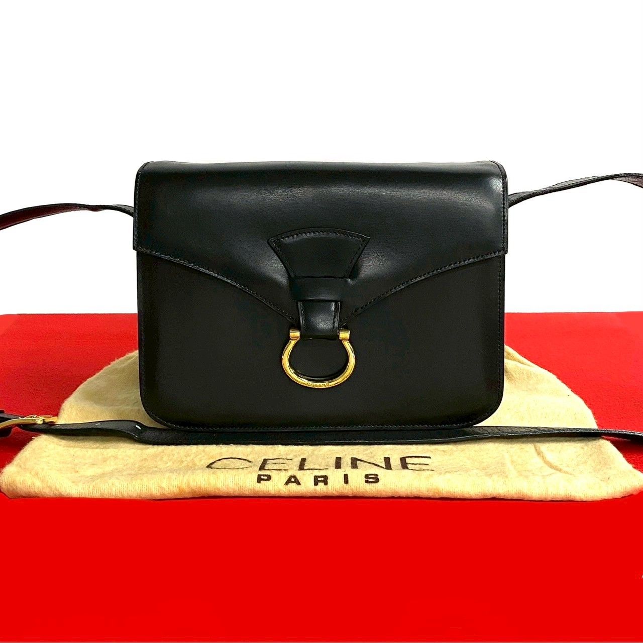 極 美品 保存袋付 CELINE セリーヌ ガンチーニ ロゴ 金具 カーフ
