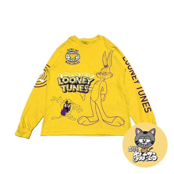 90s 古着 ルーニー・テューンズ ロンT 海外アニメ イエロー L