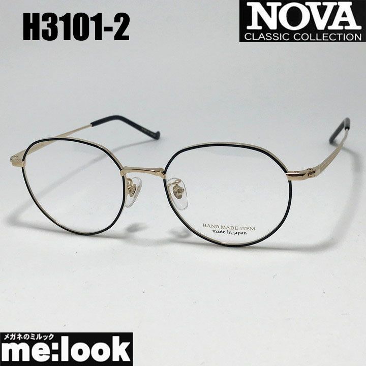 NOVA ノヴァ HAND MADE ITEM ハンドメイド 国産 ラウンド ボストン クラシック 眼鏡 メガネ フレーム サングラス H3101-2-49 度付可 ブラック ゴールド