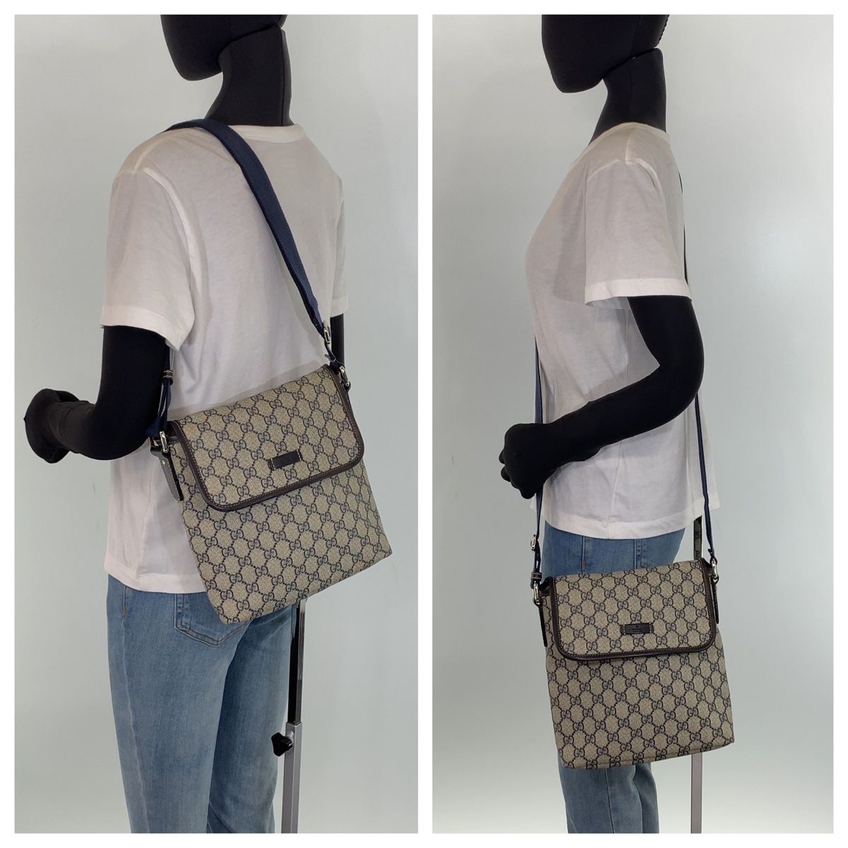 美品 GUCCI グッチ GGスプリーム 男女兼用 ネイビー 紺 ブラウン PVC 