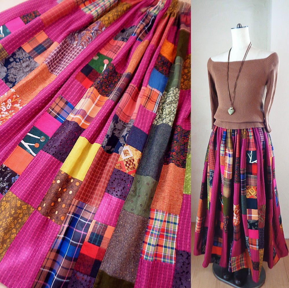 絵画なパッチワーク Heart マゼンタピンク ボリュームギャザースカート マキシ丈