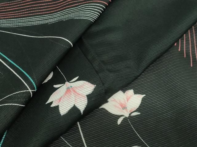 平和屋着物＊夏物 小紋 絽 草花文 黒地 洗える着物 AABB0634st