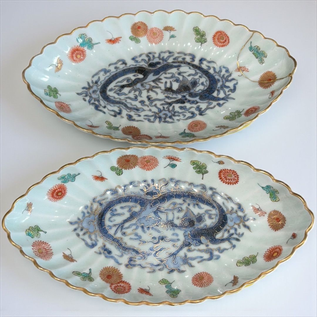 2客セット 金継ぎ 大明成化年製 舟型皿 龍柄 中国 美術品 工芸品