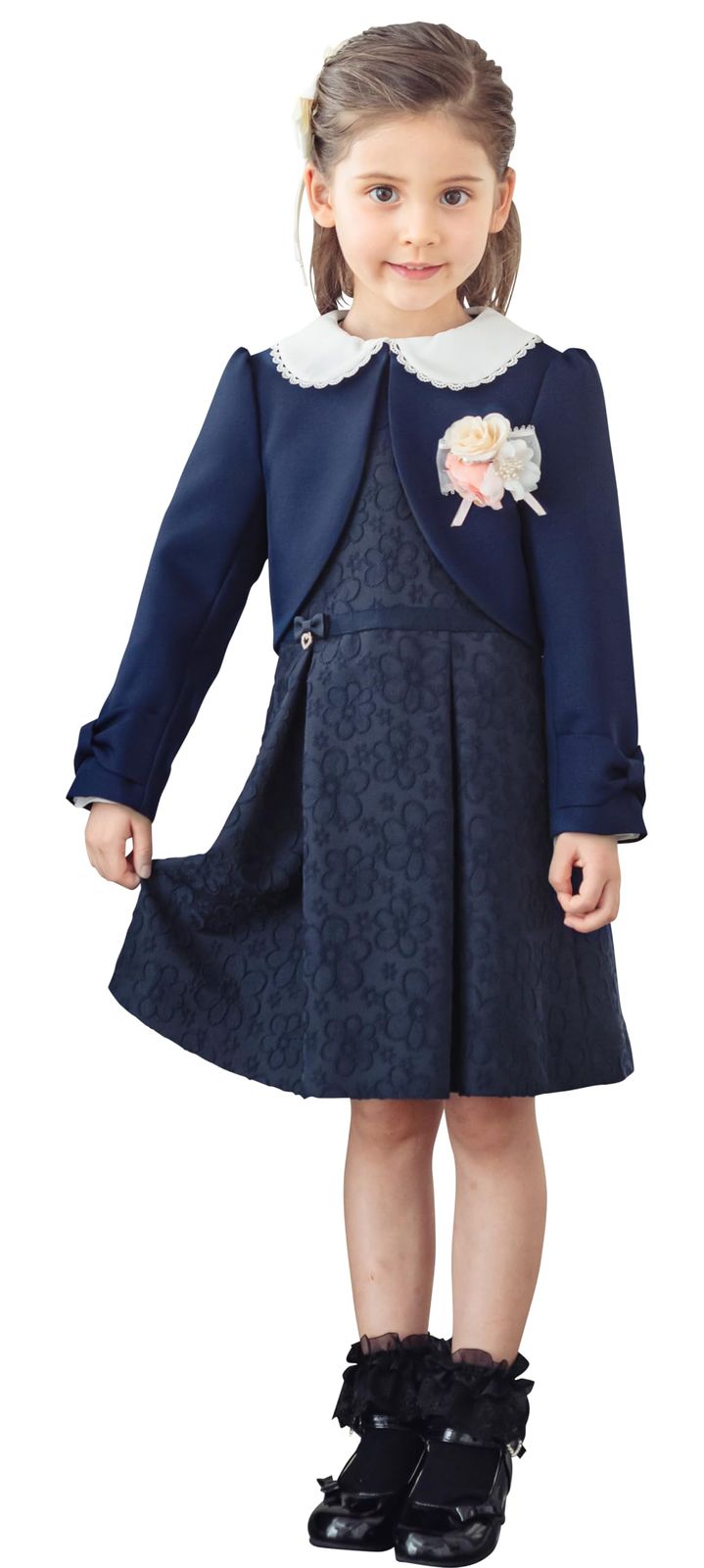 + ワンピース (ボレロ + アンジェル リボチャーム スカート フォーマル の 子供服 3点 卒園式 セット) スーツ 女の子 ネイビー-B(バックリボンなし) 入学式 120cm [アリサナ]