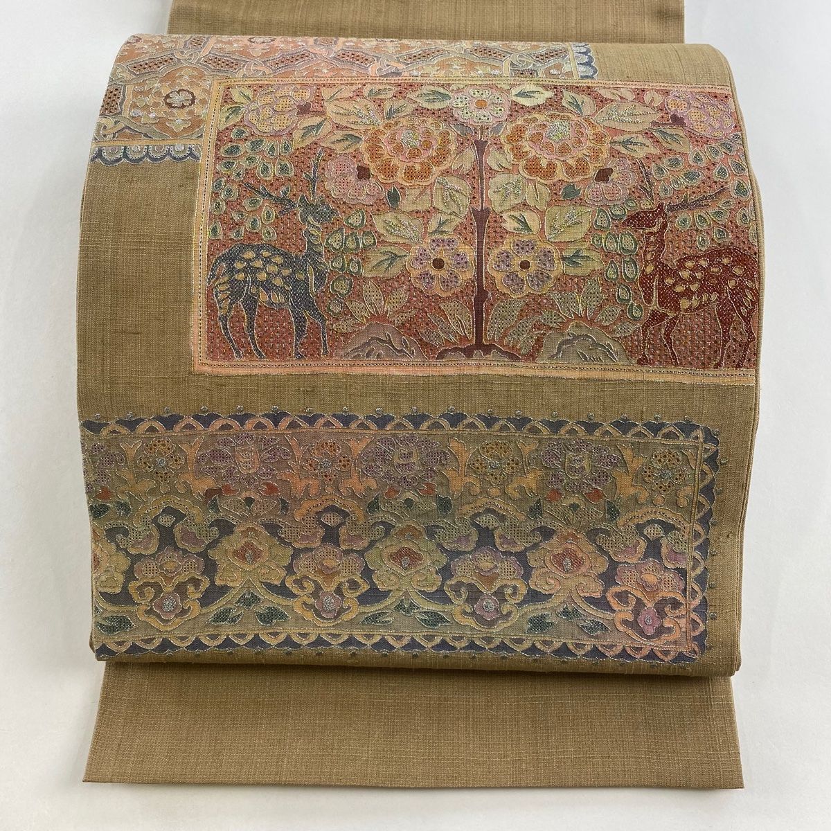 袋帯 名品 紬地 華文 草花 金銀糸 刺繍 茶色 お太鼓柄 正絹
