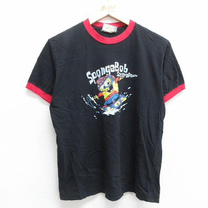 M/古着 半袖 ビンテージ Tシャツ メンズ 00s アニメ ニコロデオン スポンジボブ クルーネック 黒 ブラック リンガー 24feb28 中古