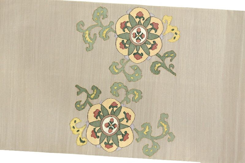 ユ71 袋帯 蘇州明綴れ 正絹 灰色桜華唐草 唐花 華文 七宝繋ぎ おしゃれ ユ71 袋帯 蘇州明綴れ 正絹 灰色桜華唐草 唐花 華文 七宝繋ぎ