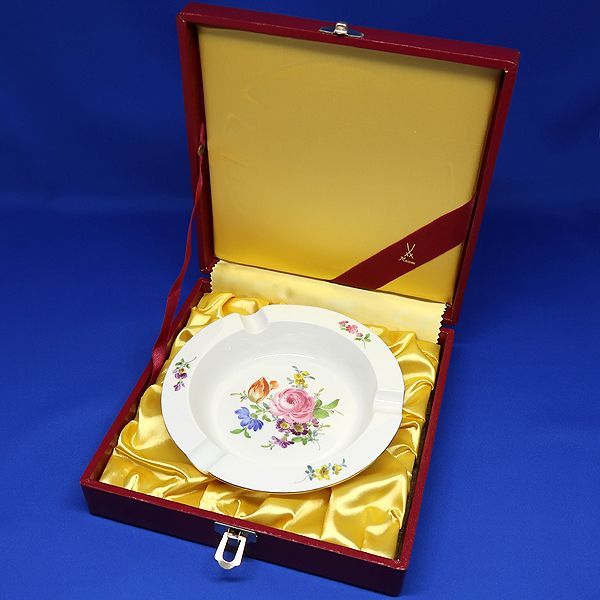 未使用 Meissen マイセン 5つ花 ピンクローズ 花 多彩 双剣 灰皿 ② 未