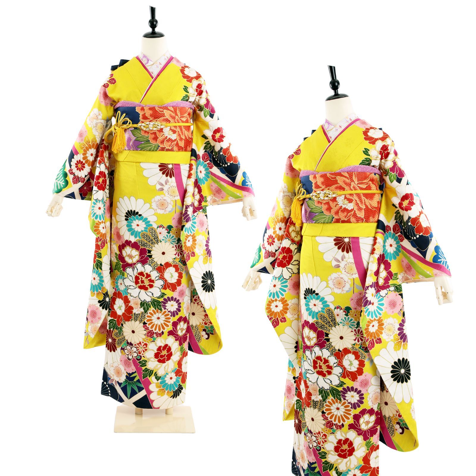 振袖 振袖セット USED振袖 黄色 古典柄 モダン 菊 7点フルセット