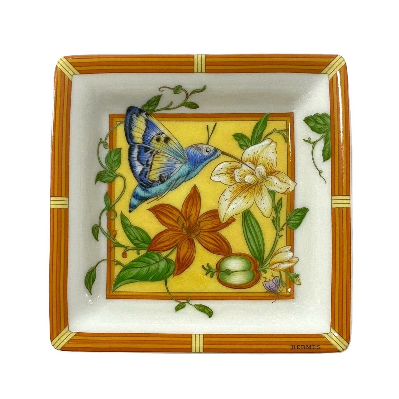 HERMES】シエスタ プレート スクエア オレンジ マルチカラー 花柄 蝶