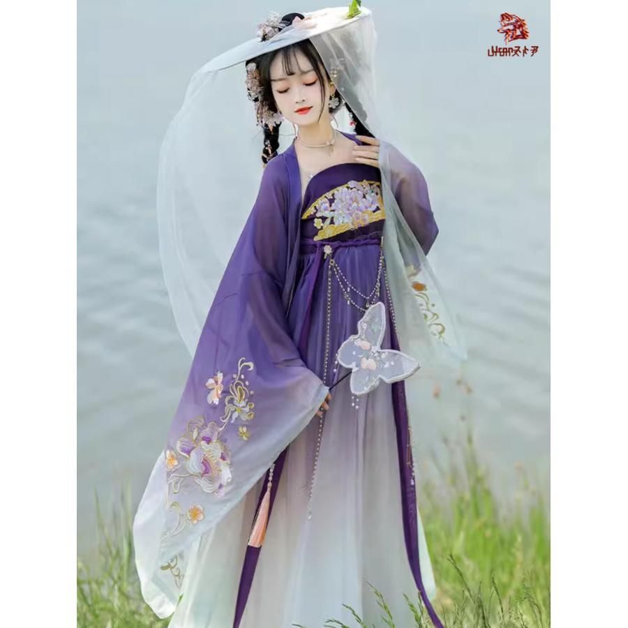 紫 レディース 漢服 チャイナ服 唐朝 中国古代服装 お姫様 グラデーション 振り袖 ロング丈羽織付き 中華衣裳 華やか お花刺繍 古代古典 ...