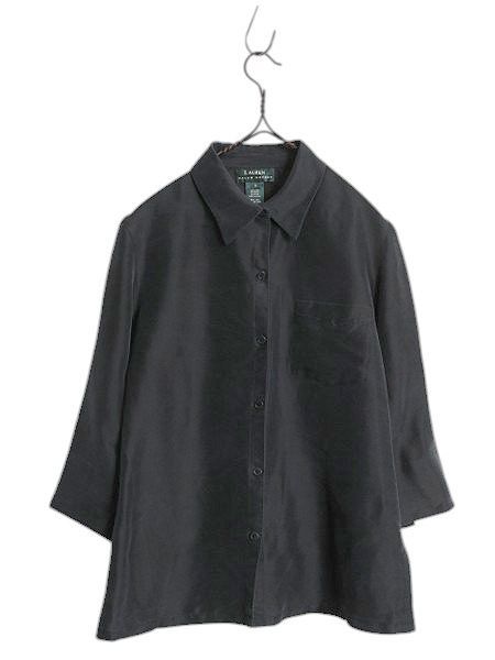 なクーポン配布中! シルク 00s LAUREN ラルフローレン 無地 七分丈 シャツ レディース M 程 七分袖 ブラウス ドレス ボックス ポケット付き 黒