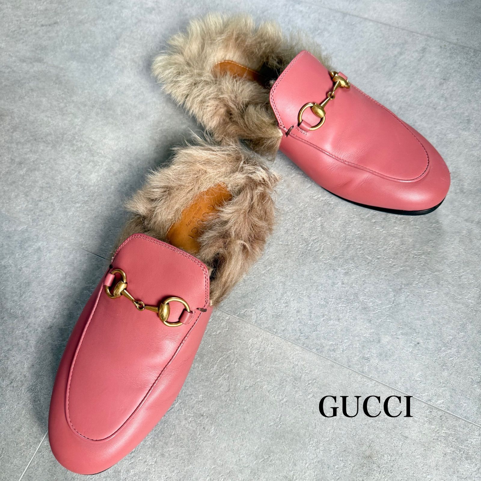 GUCCI グッチ プリンスタウン ホースビットローファー サンダル ファー スリッポン ピンク ゴールド金具 レザー 35 22cm