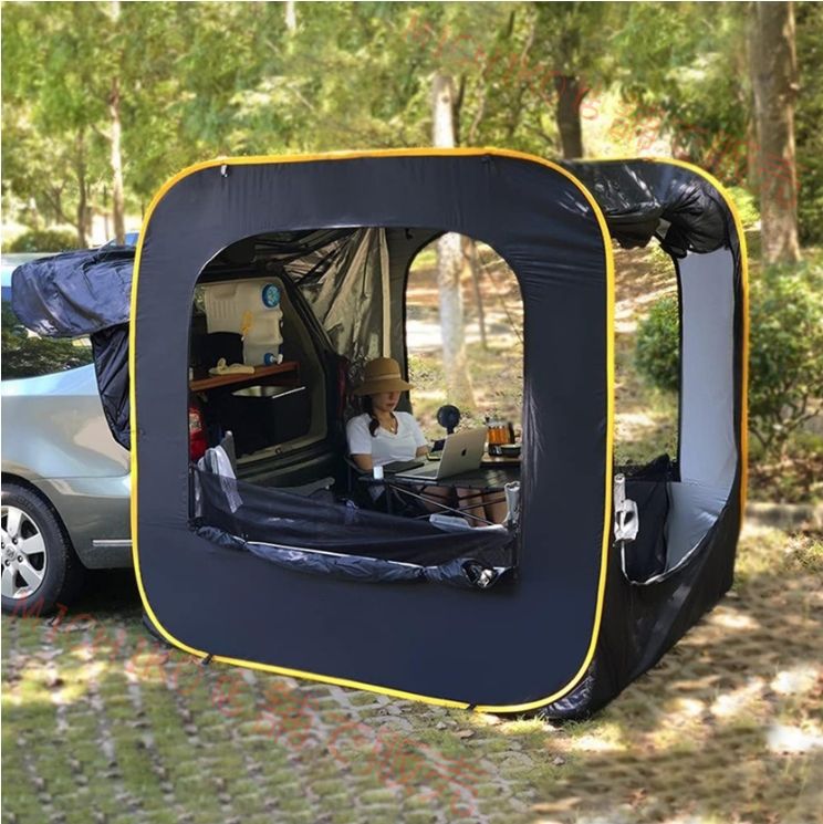 バックドア テント キャンプ用 車用テント トランクテント 震災 災害用 防水 UV機能 メッシュ窓付き 虫除け対策 リアゲート ハッチバックテント 車中泊 車と連結 屋根シート付 簡単設営 アウトドア 台風 防災グッズ black ロッドなし