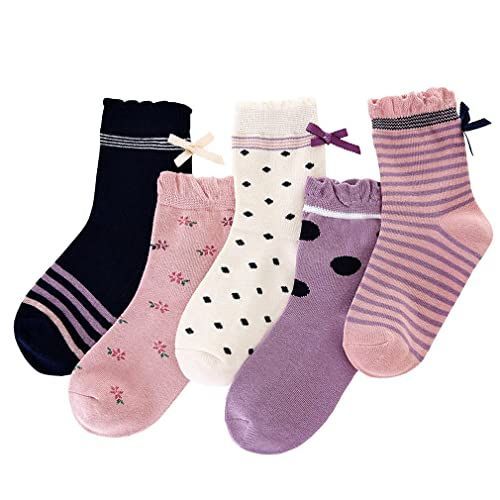 ホワイト、ピンク、カーキ、パープル、ダークブルー_XL QINTIAN 靴下 女の子 ソックス 子供の靴下 ソックス 5足セット 可愛い リボン お姫様 学生用 通園通学 綿 ホワイト、ピンク、カーキ、パ