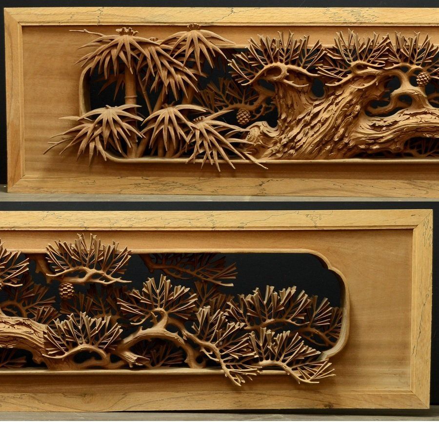 蔵A5417 建具 彫刻欄間 松竹梅 一対 古民家座敷