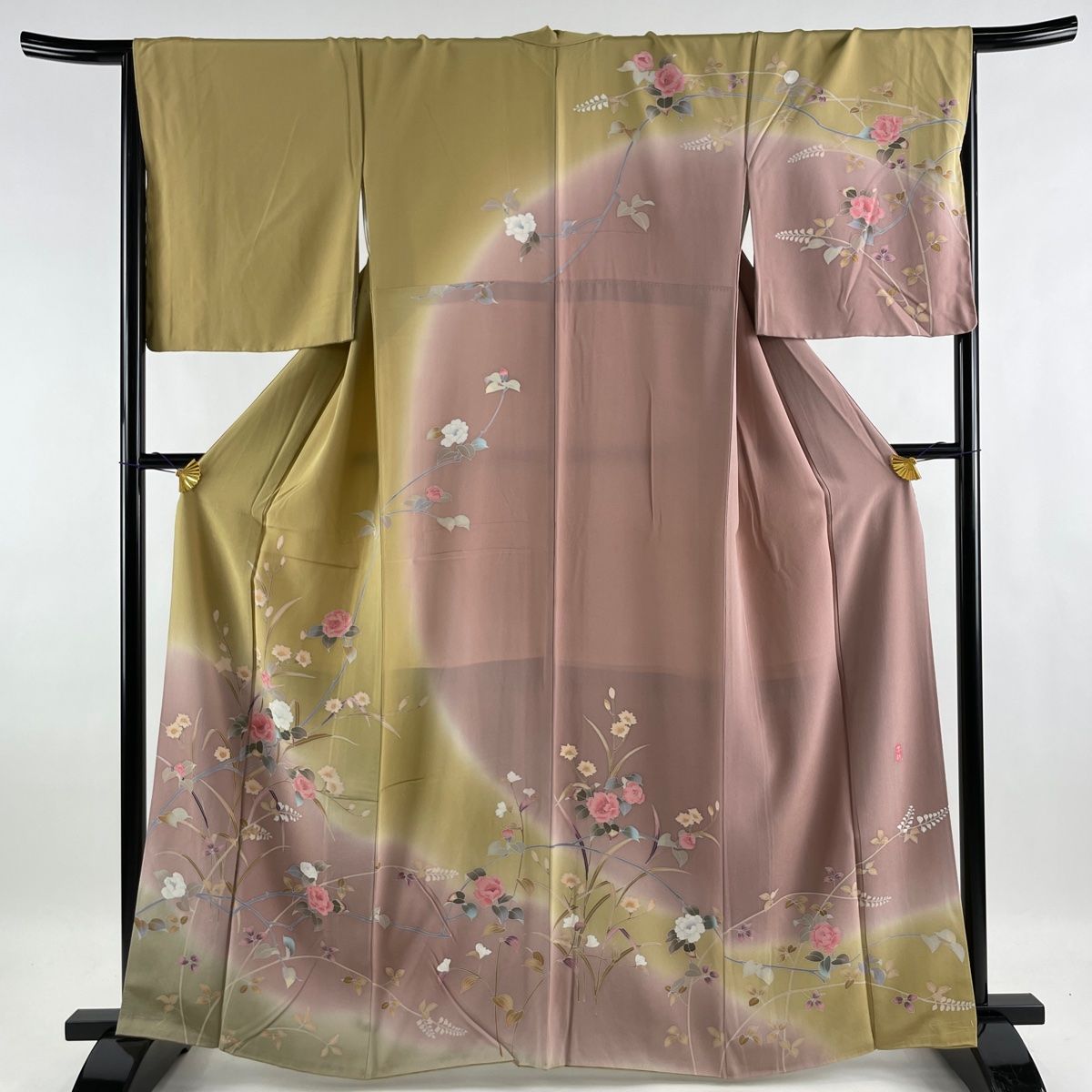 訪問着 美品 名品 落款 草花 染め分け ぼかし 黄土色 袷 身丈164cm 裄